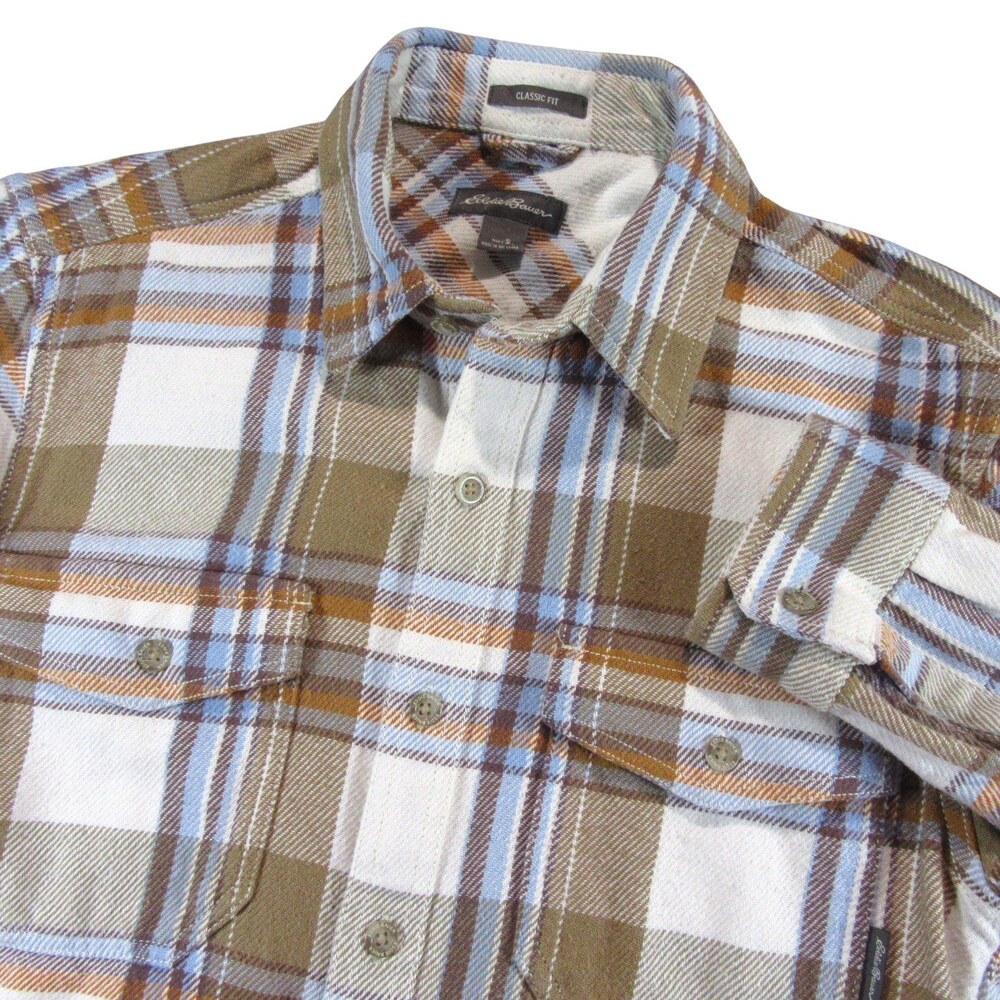 Eddie Bauer Mens Button Up‎ Flannel Work Shirt S Classic Fit Beige Plaid 100%